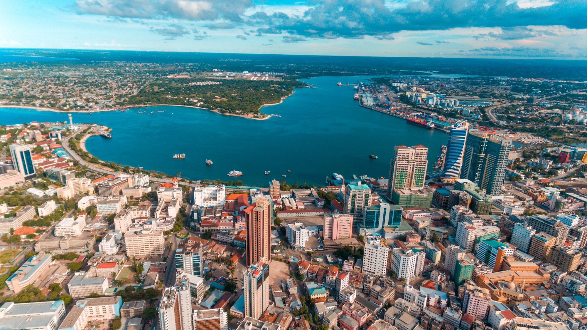 Aerial view of Dar es Salaam city centre and harbour
